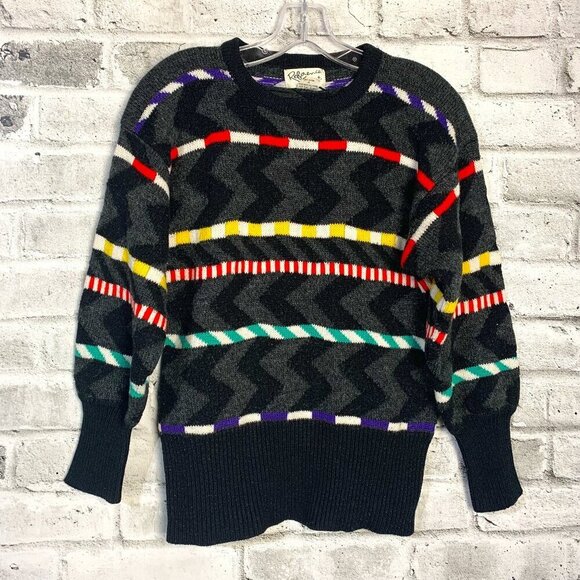 Vintage Sweaters - Vintage Rainbow Colourful Stripped Balloon Sleeve Crewneck Sweater